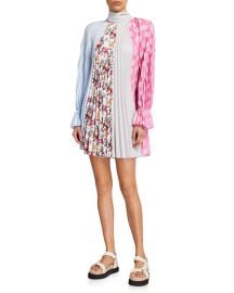 Pleated Tie-Neck Paneled Swing Dress by MSGM at Neiman Marcus